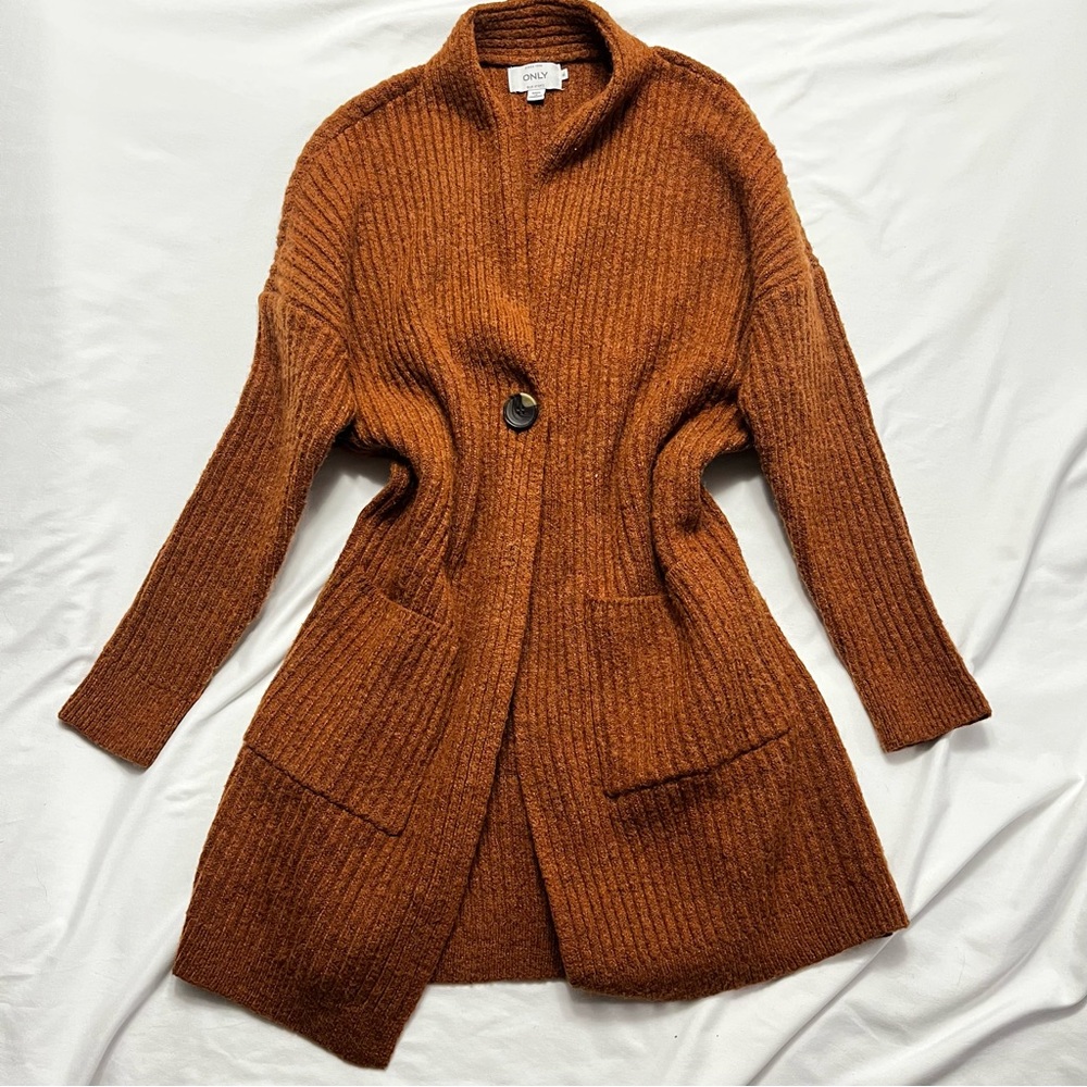ONLY Longline Cardigan Sweater Coat Ribbed Knit Rust Brown Button M